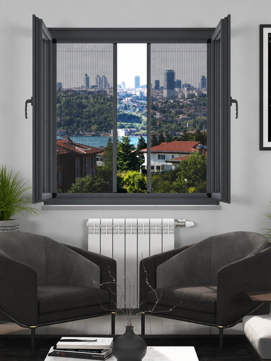 18 mm İçten Takma Plise Sineklik Sistemi – duble pencere uygulaması – RAL 7016 Antrasit Gri