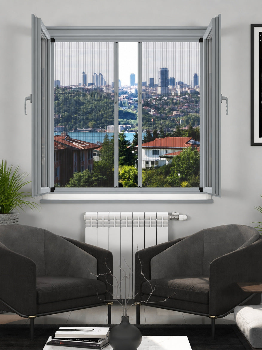 18 mm İçten Takma Plise Sineklik Sistemi – duble pencere uygulaması – RAL 7040 Pencere Grisi