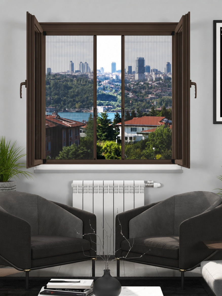 18 mm İçten Takma Plise Sineklik Sistemi – duble pencere uygulaması – RAL 8014 Sepya Kahve