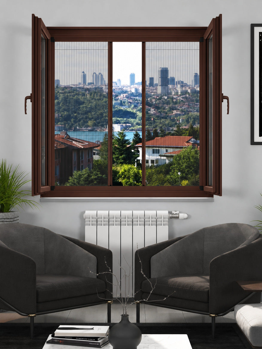 18 mm İçten Takma Plise Sineklik Sistemi – duble pencere uygulaması – RAL 8016 Maun Kahve
