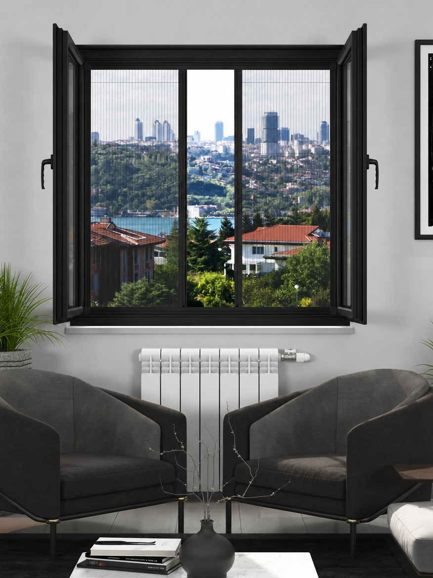 18 mm İçten Takma Plise Sineklik Sistemi – duble pencere uygulaması – RAL 9005 Siyah